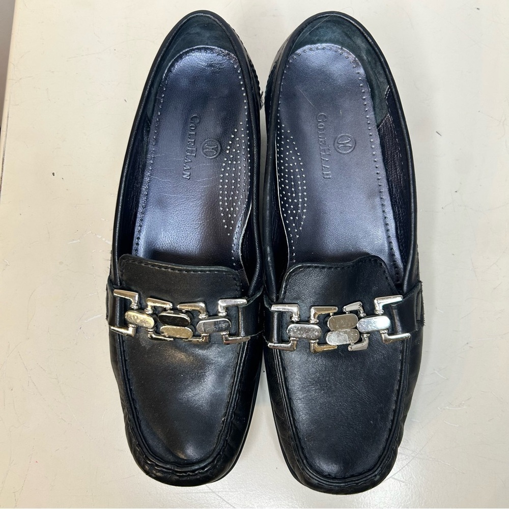 Cole Haan Anjali Moc Black Leather Loafers with Silver Embellishments, Size 8 - Picture 3 of 5